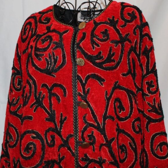 Red Black Gold Blazer Button Front Sweater Maggie Barnes 1X Suit Jacket Holiday - Picture 2 of 6